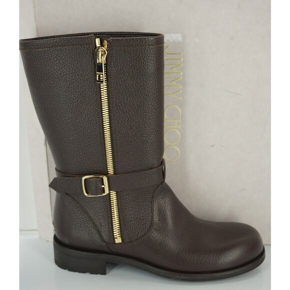 Jimmy Choo Durum Brown Leather Gold Side Zip Biker Boot SZ 40 10 NIB Moto $1095 - Picture 1 of 12